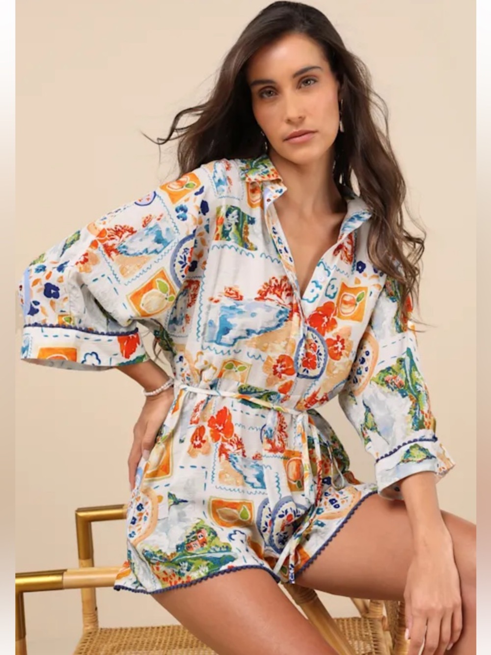 Lulu's White Multicolor Printed Short Sleeve Romper